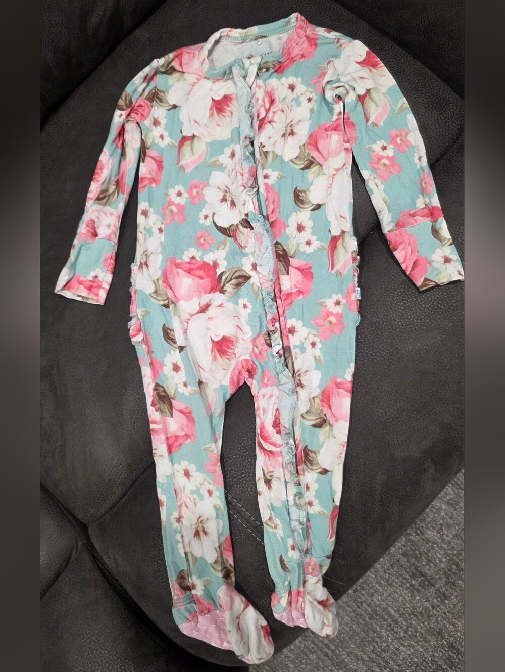 Floral Ruffle-Trim One-Piece Footie in Aqua and Pink